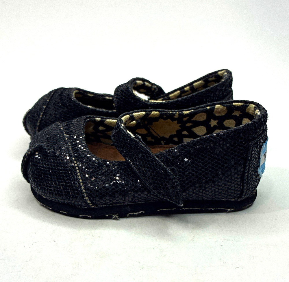 TOMS Girls Black Glitter Mary Jane Flats Hook & Loop Straps US T2